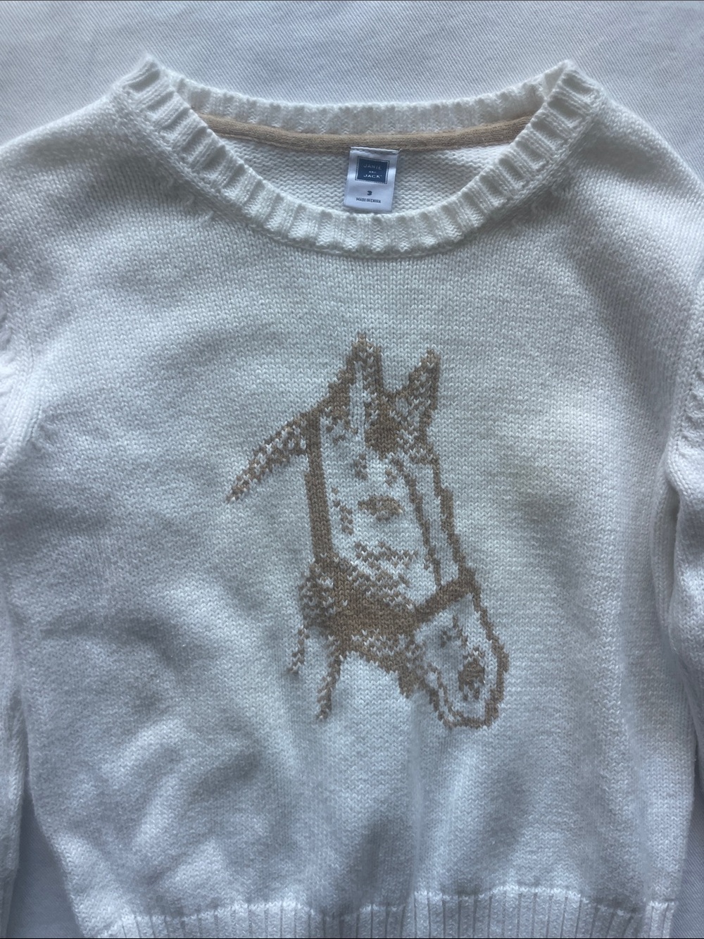 Janie and Jack Boys Size 3 White Sweater with Tan Horse Motif - Picture 3 of 9